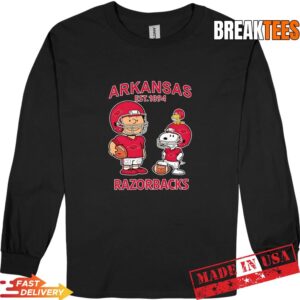 Charlie Brown Snoopy and Woodstock wearing Arkansas Razorbacks jersey NFL est 1894 T-Shirt 2