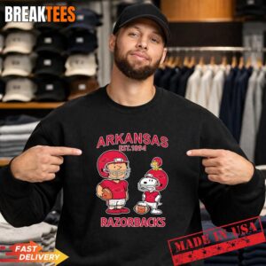 Charlie Brown Snoopy and Woodstock wearing Arkansas Razorbacks jersey NFL est 1894 T-Shirt 3