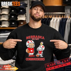 Charlie Brown Snoopy and Woodstock wearing Nebraska Cornhuskers jersey NFL est 1891 T-Shirt 3