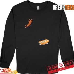 Funny Hot Dog Jumping Into Bun Sausage BBQ High Dive T-Shirt 2