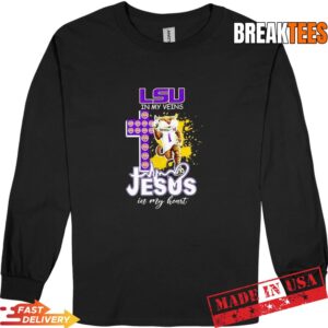LSU Tigers In My Veins Jesus In My Heart Mascot Logos On Cross Football T-Shirt 2
