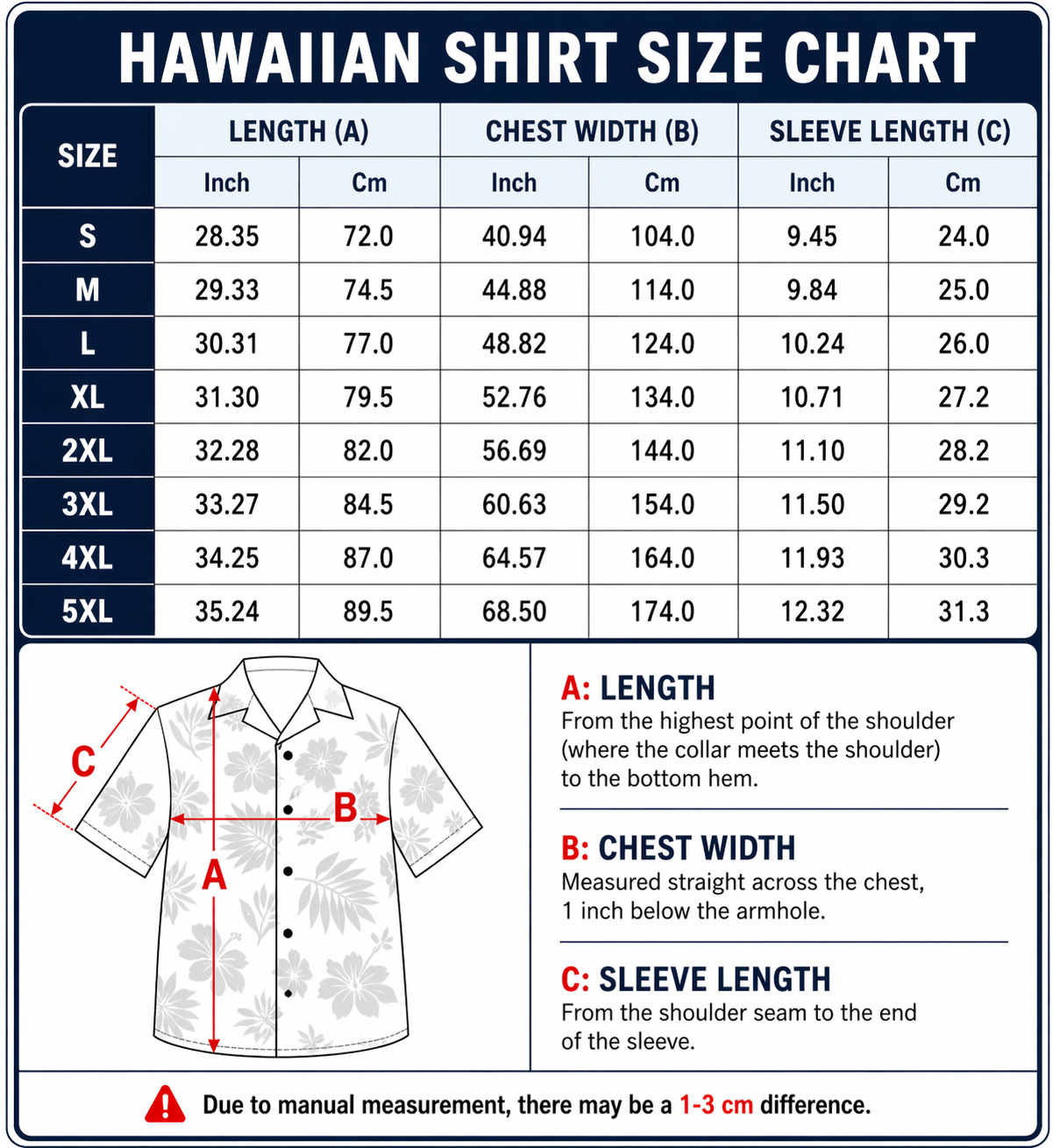 Hawaiian Shirt Size Chart