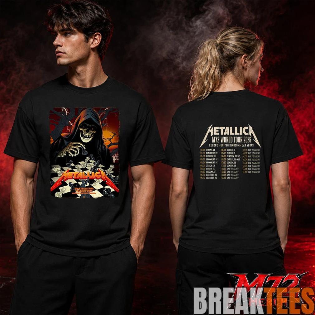Metallica World Tour M72 May 22 & 24 2026 Frankfurt Germany Deutsche Bank Park Grim Reaper Chess Two Sided T-Shirt Metallica World Tour M72 May 22 & 24 2026 Frankfurt Germany Deutsche Bank Park Grim Reaper Chess Two Sided T-Shirt