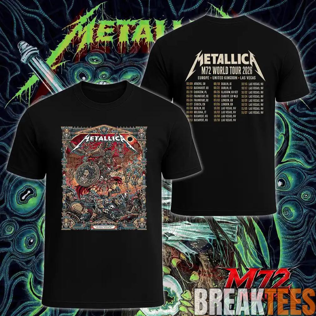 Metallica World Tour M72 May 9 2026 Athens Greece Olympic Stadium Creeping Death Setlist Battle Warrior Two Sided T-Shirt Metallica World Tour M72 May 9 2026 Athens Greece Olympic Stadium Creeping Death Setlist Battle Warrior Two Sided T-Shirt