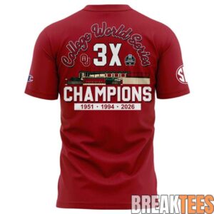 Oklahoma Sooners Red 3X College World Series Champions Shirt 2