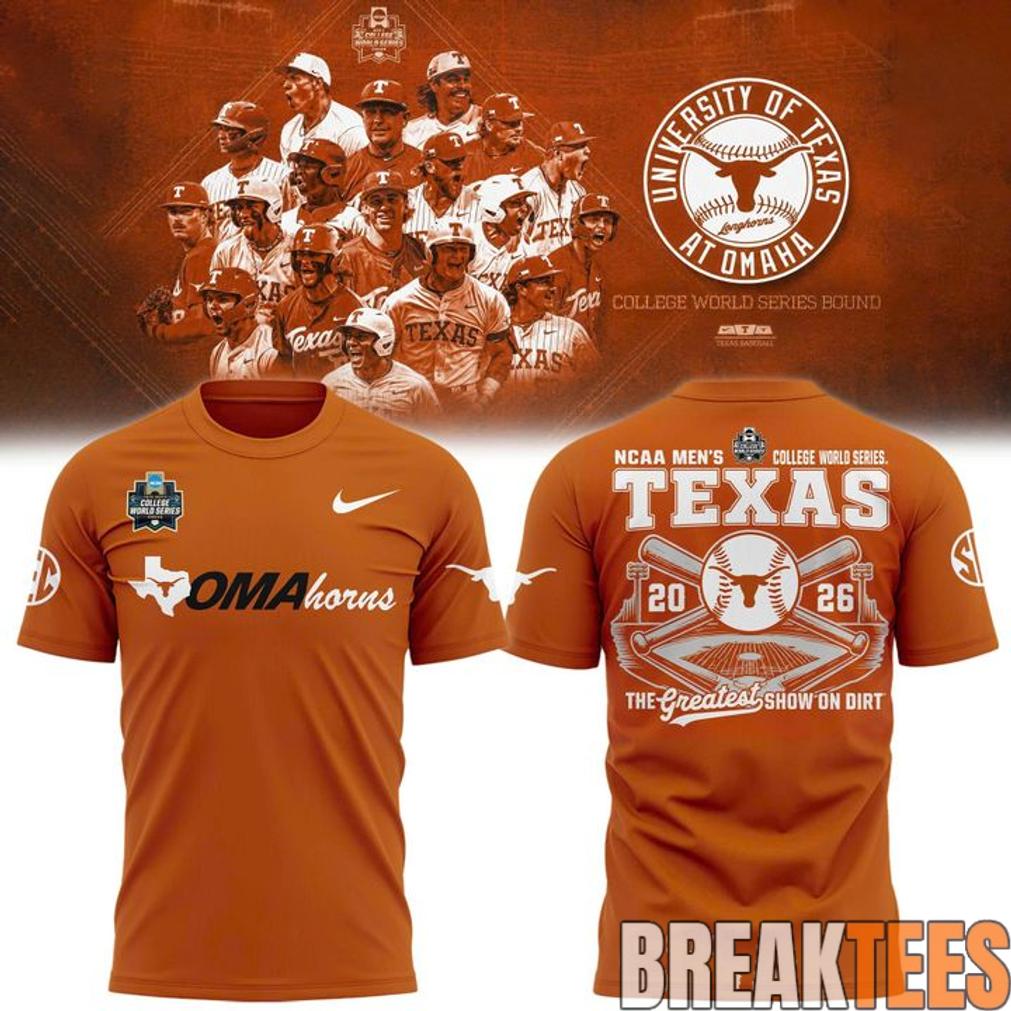 Texas Longhorns 2026 NCAA Baseball Men’s College World Series Omaha 3D T-Shirt Texas Longhorns 2026 NCAA Baseball Men’s College World Series Omaha 3D T-Shirt