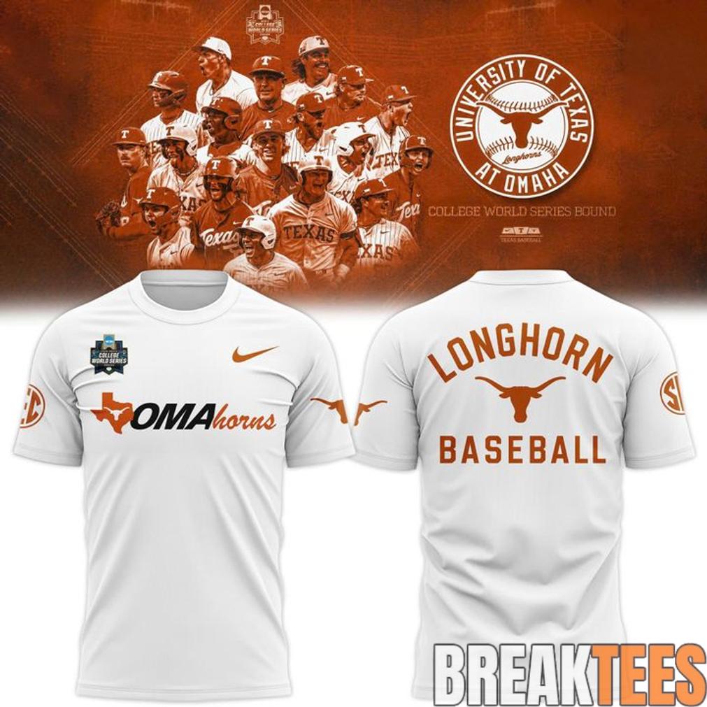 Texas Longhorns 2026 NCAA Baseball Men’s College World Series Omaha 3D T-Shirt Texas Longhorns 2026 NCAA Baseball Men’s College World Series Omaha 3D T-Shirt
