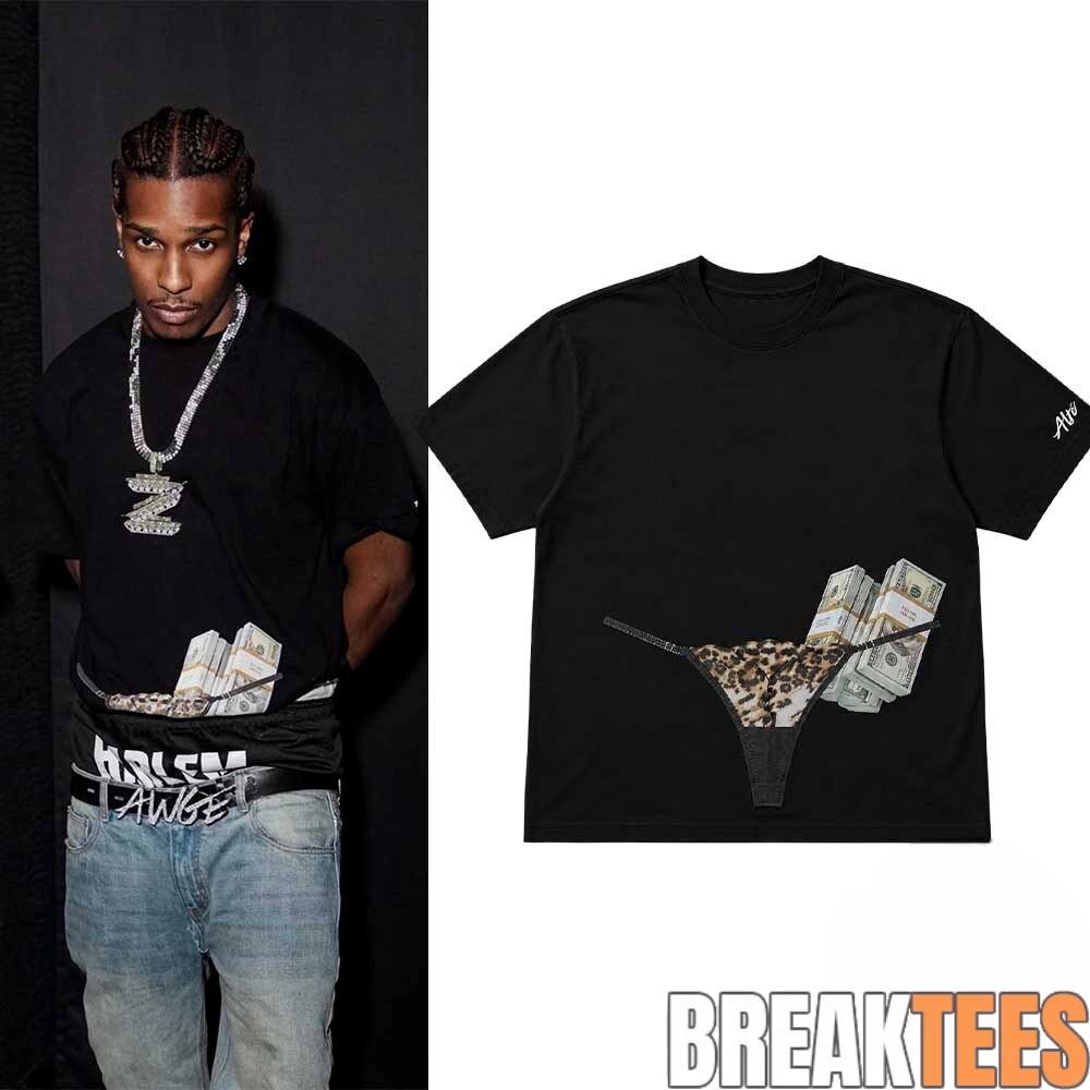 A$AP Rocky At The Fightland Premiere AWGE Money & Leopard Thong Shirt A$AP Rocky At The Fightland Premiere AWGE Money & Leopard Thong Shirt