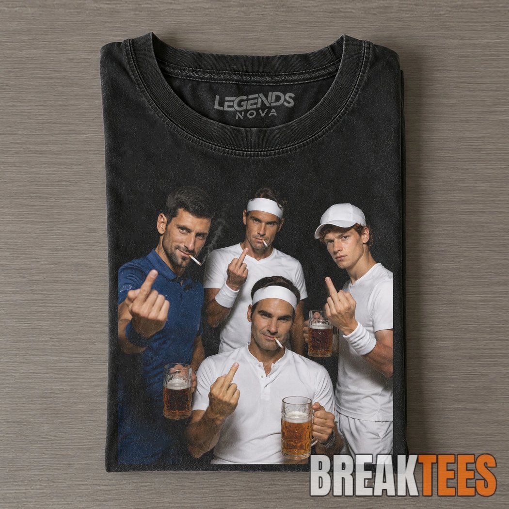 Roger Federer & Rafael Nadal & Novak Djokovic & Jannik Sinner Tennis Legend Graphic T-Shirt Roger Federer & Rafael Nadal & Novak Djokovic & Jannik Sinner Tennis Legend Graphic T-Shirt