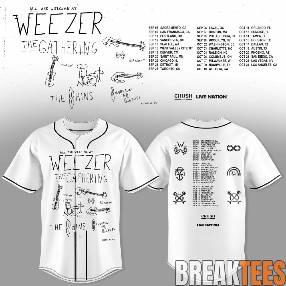 Weezer The Gathering Tour Premium 3D Baseball Jersey White Weezer The Gathering Tour Premium 3D Baseball Jersey White