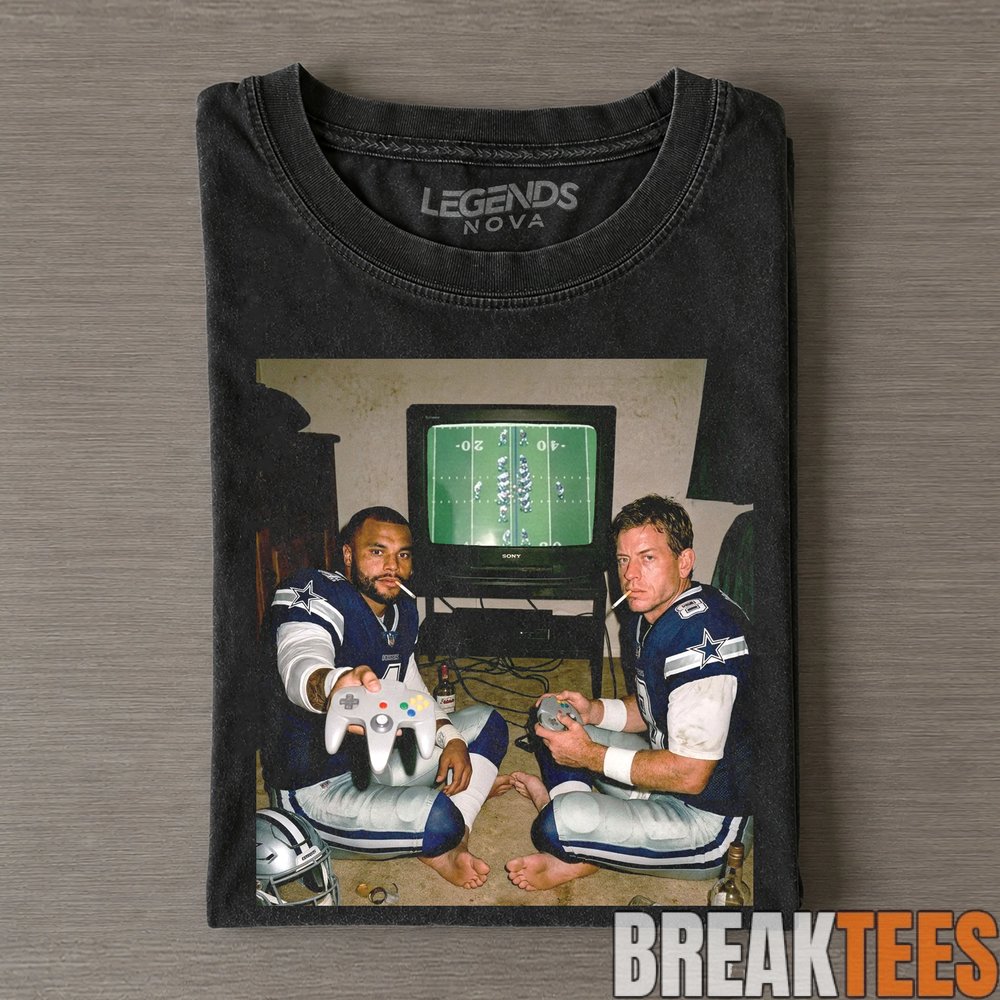 Dallas Cowboys Dak Prescott & Troy Aikman Playing Video Games & Drinking Tee Dallas Cowboys Dak Prescott & Troy Aikman Playing Video Games & Drinking Tee