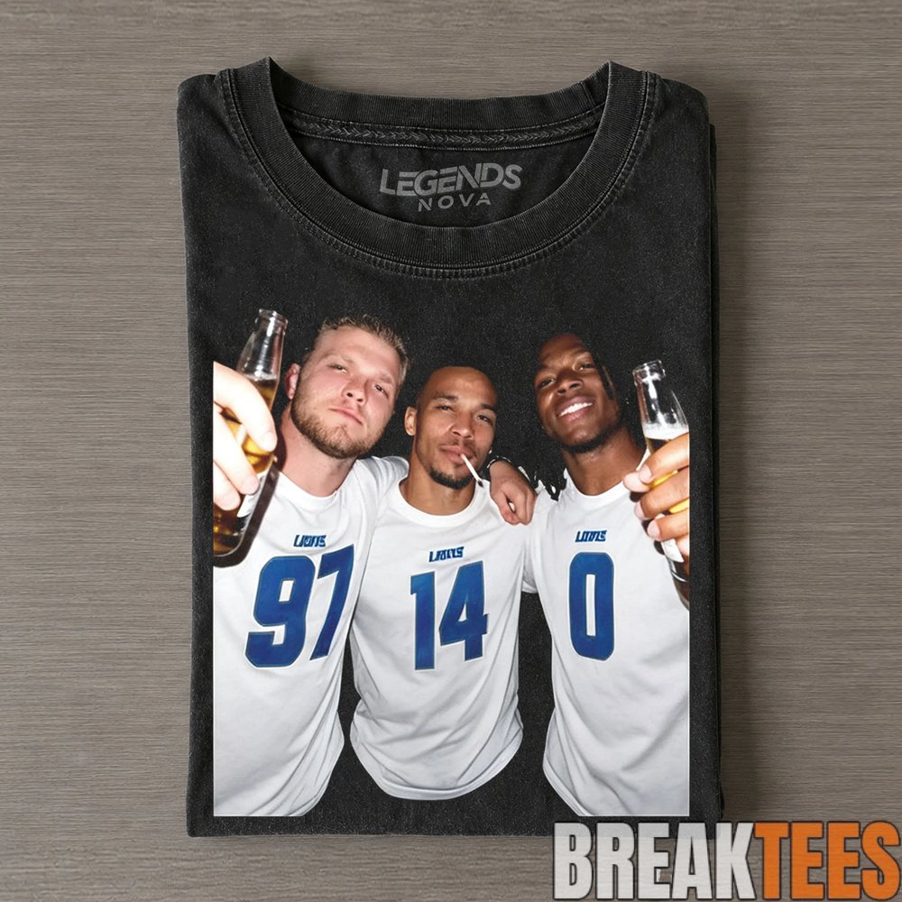 Detroit Lions Aidan Hutchinson, Amon-Ra St. Brown & Jahmyr Gibbs Drinking & Middle Finger Tee Detroit Lions Aidan Hutchinson, Amon-Ra St. Brown & Jahmyr Gibbs Drinking & Middle Finger Tee