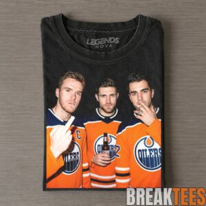 Edmonton Oilers Connor McDavid, Leon Draisaitl & Evan Bouchard Smoking, Drinking & Middle Finger Tee