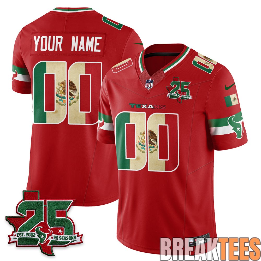 Houston Texans 25 Seasons Mexico Style Custom Football Jersey – Stitched Houston Texans 25 Seasons Mexico Style Custom Football Jersey – Stitched