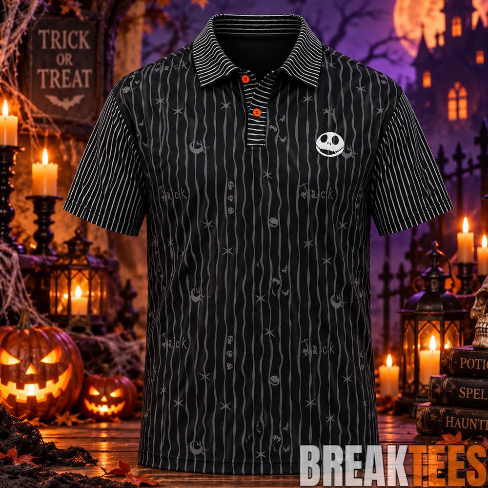Jack Skellington Spooky Pinstripe Halloween 2026 Polo Shirt Jack Skellington Spooky Pinstripe Halloween 2026 Polo Shirt