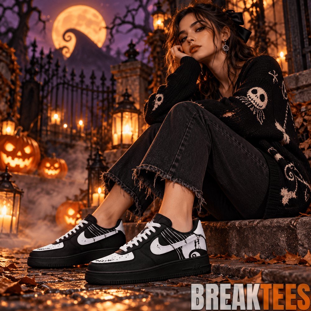 Jack Skellington The Nightmare Before Christmas Black White Halloween AF1 Shoes Jack Skellington The Nightmare Before Christmas Black White Halloween AF1 Shoes