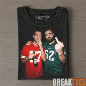 Kansas City Chiefs Travis Kelce & Philadelphia Eagles Jason Kelce Drinking & Middle Finger Tee