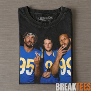 Los Angeles Rams Myles Garrett, Aaron Donald & Matthew Stafford Drinking & Middle Finger Tee