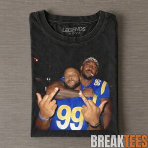 Los Angeles Rams Myles Garrett, Aaron Donald & Matthew Stafford Drinking & Middle Finger Tee 1