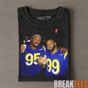 Los Angeles Rams Myles Garrett, Aaron Donald & Matthew Stafford Drinking & Middle Finger Tee 2