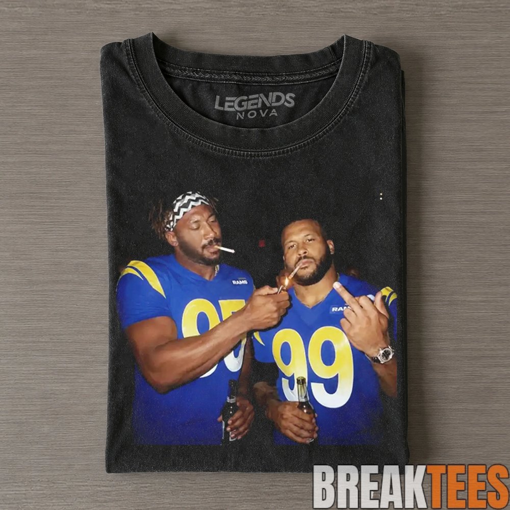 Los Angeles Rams Myles Garrett & Aaron Donald Smoking & Drinking Tee Los Angeles Rams Myles Garrett & Aaron Donald Smoking & Drinking Tee