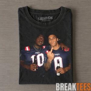 New England Patriots Drake Maye & Christian Gonzalez Drinking & Middle Finger Tee 1