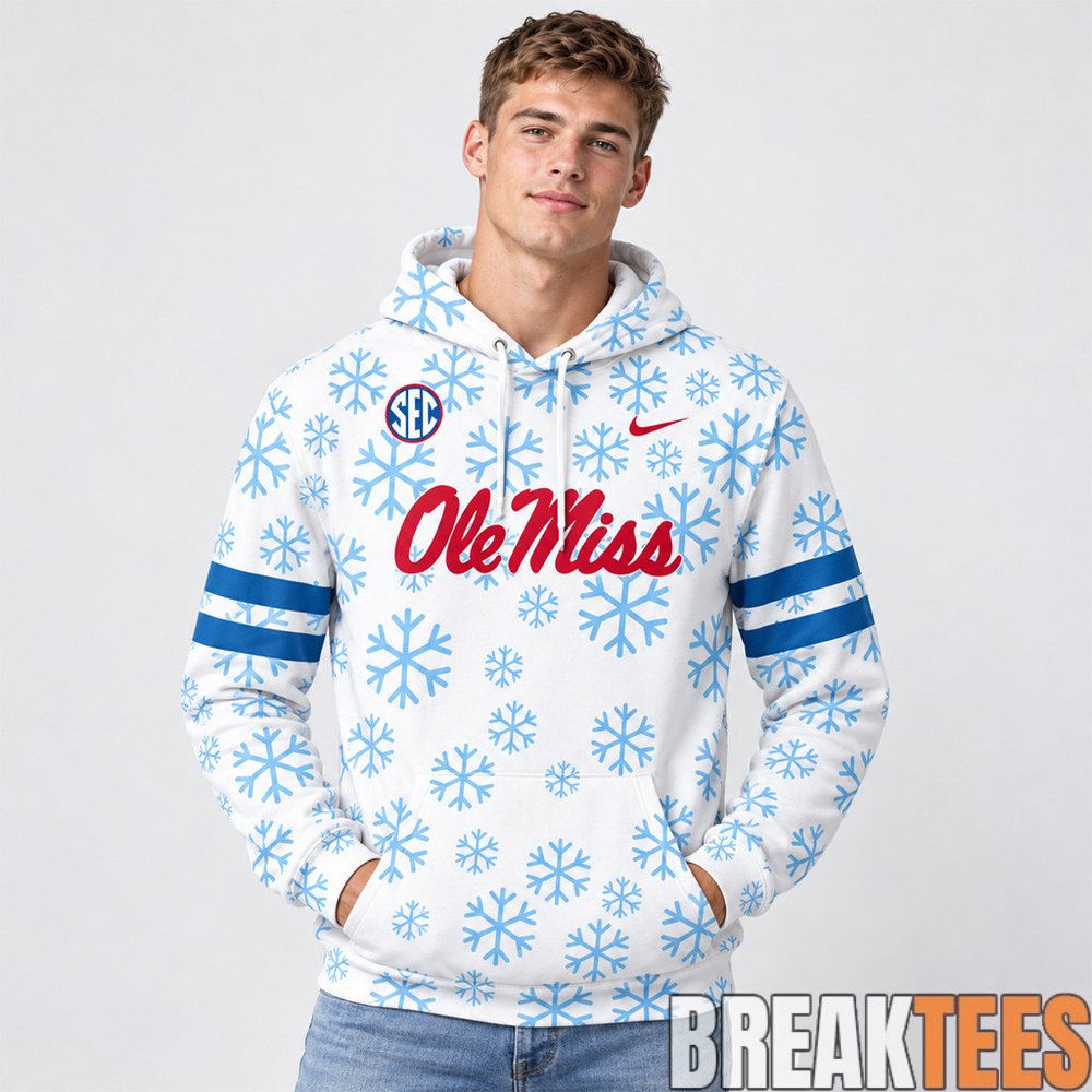 Ole Miss Rebels Football Team Snowflake Pattern White Graphic Hoodie for College Football Fans Ole Miss Rebels Football Team Snowflake Pattern White Graphic Hoodie for College Football Fans