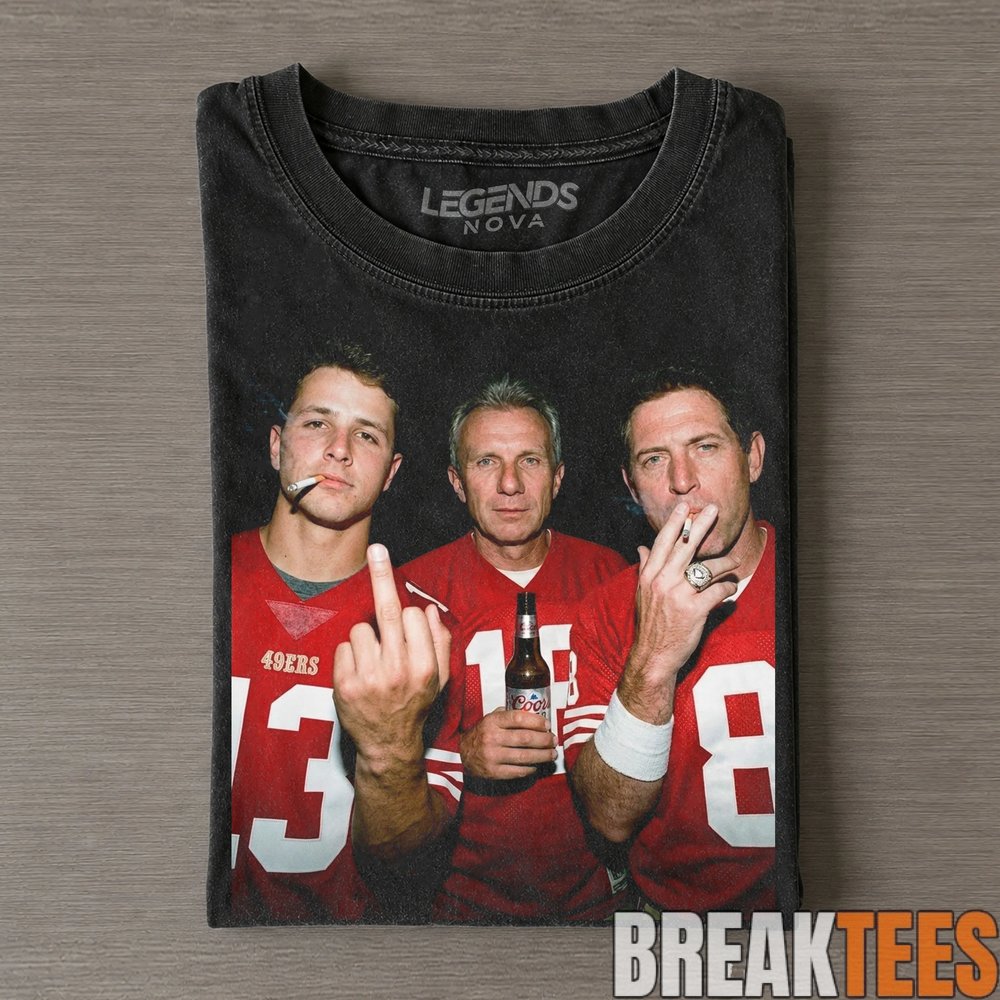 San Francisco 49ers Brock Purdy, Joe Montana & Steve Young Drinking & Middle Finger Tee San Francisco 49ers Brock Purdy, Joe Montana & Steve Young Drinking & Middle Finger Tee