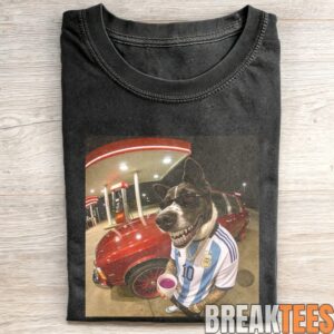 Argentina No. 10 Grinning Dog at Gas Station Funny Soccer Meme T-Shirt