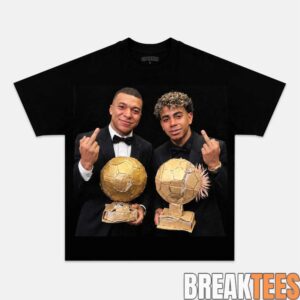 Ballon d’Or Kylian Mbappe and Lamine Yamal Holding Trophies and Middle Finger Shirt