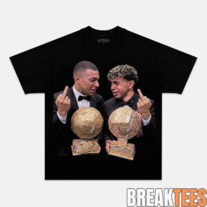 Ballon d'Or Kylian Mbappe and Lamine Yamal Holding Trophies and Middle Finger Shirt 1