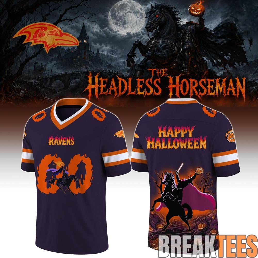 Baltimore Ravens Halloween Custom Football Jersey – Headless Horseman and Flaming Print Baltimore Ravens Halloween Custom Football Jersey – Headless Horseman and Flaming Print
