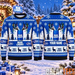 Bud Light Reindeer Can Blue And White Christmas Ugly Sweater