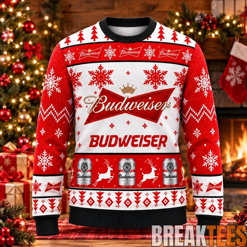Budweiser Snowflakes And Pine Trees Christmas Ugly Sweater Budweiser Snowflakes And Pine Trees Christmas Ugly Sweater