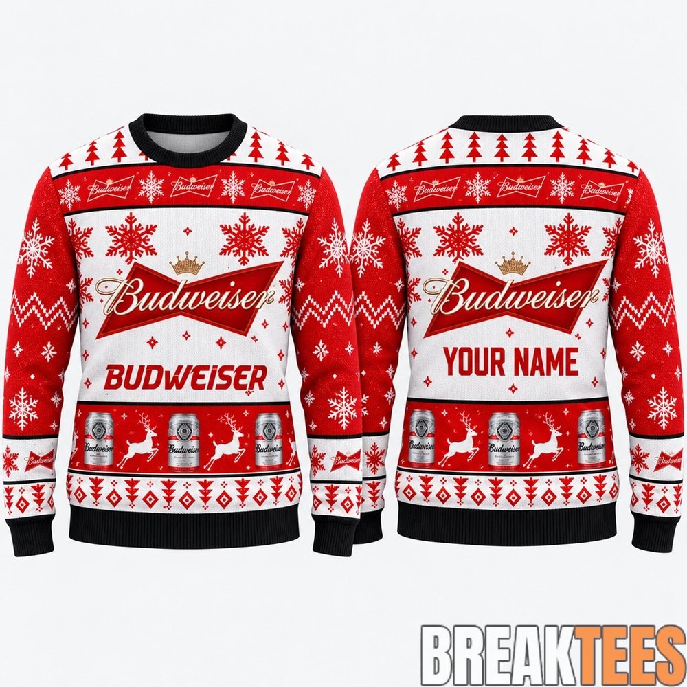 Budweiser Snowflakes And Pine Trees Christmas Ugly Sweater Budweiser Snowflakes And Pine Trees Christmas Ugly Sweater