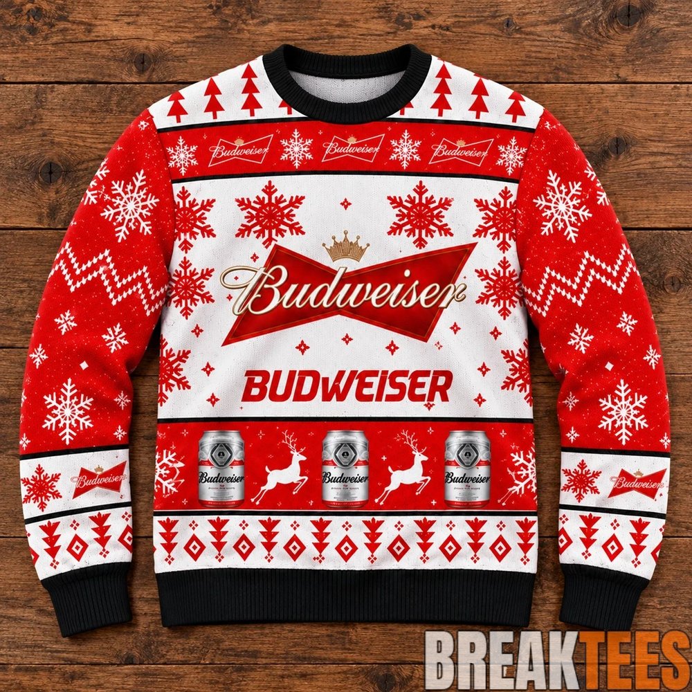 Budweiser Snowflakes And Pine Trees Christmas Ugly Sweater Budweiser Snowflakes And Pine Trees Christmas Ugly Sweater
