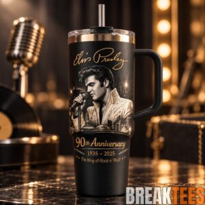 Elvis Presley 90th Anniversary 40oz Tumbler with Handle & Straw – 1935-2025 King of Rock and Roll