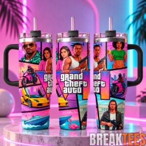 GTA 6 Vice City Inspired 40oz Tumbler with Handle - Grand Theft Auto VI Gaming 1