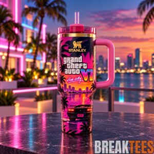 GTA VI Inspired 40oz Tumbler with Handle – Retro Miami Sunset, Tropical Palm Trees & 80s Neon Aesthetic
