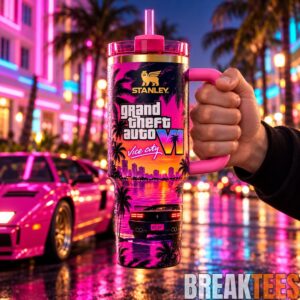 GTA VI Inspired 40oz Tumbler with Handle - Retro Miami Sunset, Tropical Palm Trees & 80s Neon Aesthetic 1