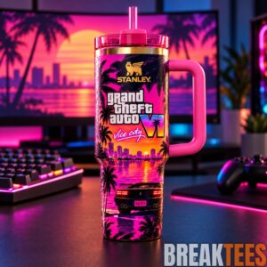 GTA VI Inspired 40oz Tumbler with Handle - Retro Miami Sunset, Tropical Palm Trees & 80s Neon Aesthetic 2