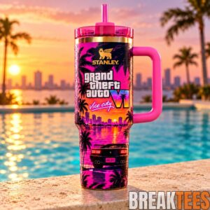 GTA VI Inspired 40oz Tumbler with Handle - Retro Miami Sunset, Tropical Palm Trees & 80s Neon Aesthetic 3