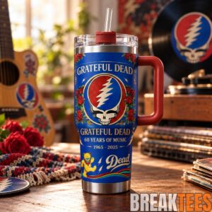 Grateful Dead 60th Anniversary 40oz Tumbler with Handle & Straw – Steal Your Face Skull Stainless Steel Cup, Deadhead Music Fan Gift