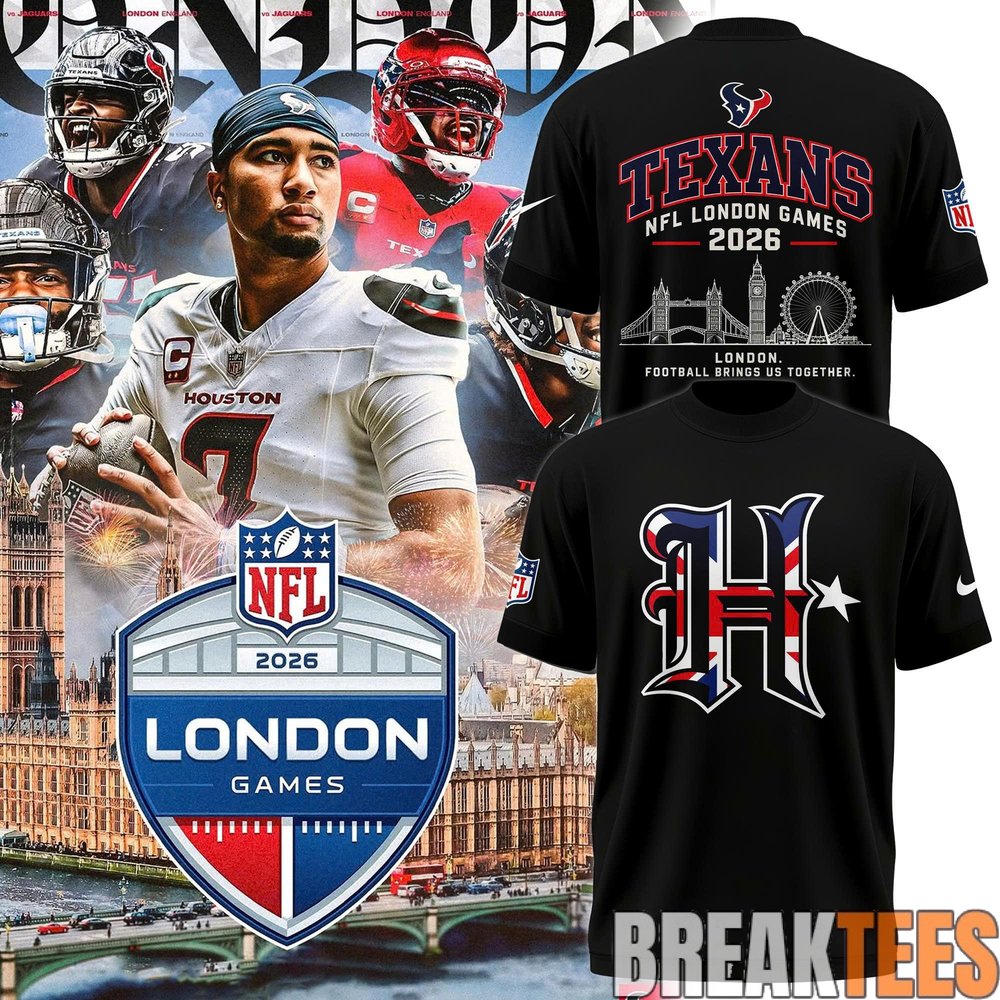 Houston Texans 2026 London Games Commemorative Football T-Shirt Houston Texans 2026 London Games Commemorative Football T-Shirt