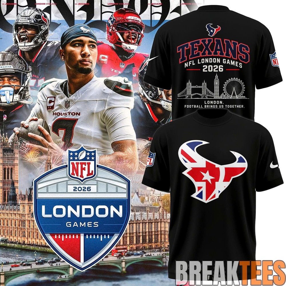 Houston Texans 2026 London Games Commemorative Football T-Shirt Houston Texans 2026 London Games Commemorative Football T-Shirt