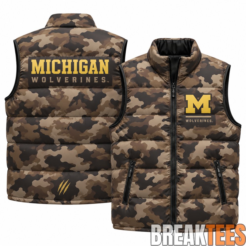 Michigan Wolverines 2026 Military Appreciation Camo Puffer Vest Michigan Wolverines 2026 Military Appreciation Camo Puffer Vest