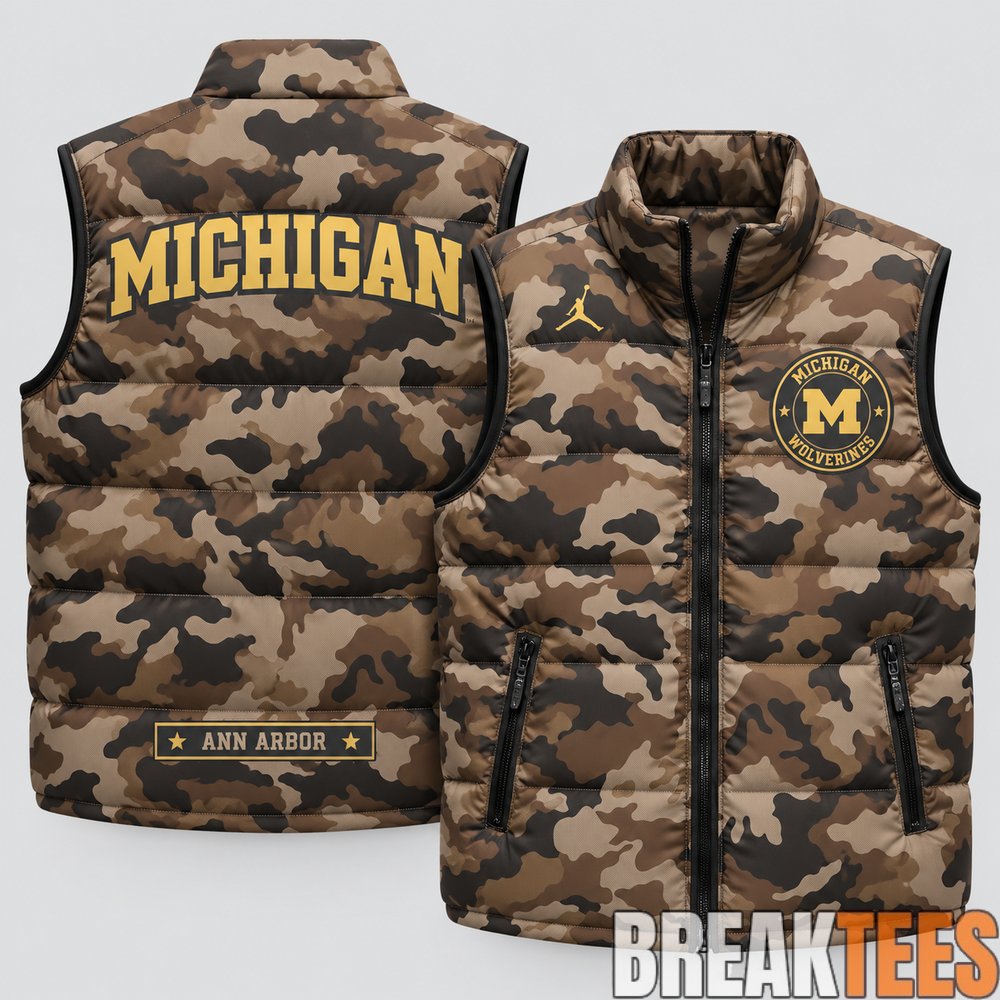 Michigan Wolverines 2026 Military Appreciation Camo Puffer Vest Michigan Wolverines 2026 Military Appreciation Camo Puffer Vest
