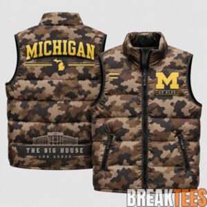 Michigan Wolverines 2026 Military Appreciation Camo Puffer Vest 2 Michigan Wolverines 2026 Military Appreciation Camo Puffer Vest 2