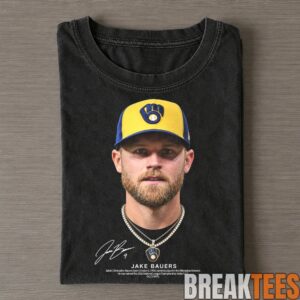 Milwaukee Brewers Jake Bauers Wearing a Cap Signature Portrait T-Shirt