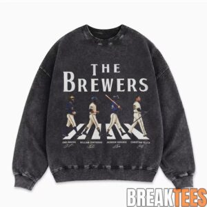 Milwaukee Brewers Jake Bauers, William Contreras, Jackson Chourio and Christian Yelich Abbey Road Walk T-Shirt 1
